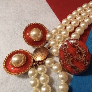 Red Enamel Faux Pearl Earrings with Triple Strand Faux Pearls & Fashion Ring Lot
